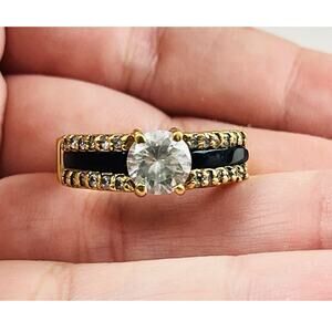 Vintage Sz 9 Ring Black Rhinestone 14K HGE LIND Gold Electroplate Faux Onyx Diam